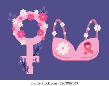 icons breast cancer pink bra and female sign