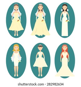 Icons brides in different styles of wedding dresses. Icons women wedding clothes into a flat style. Stock vector.