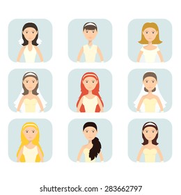 Icons brides in different styles of wedding dresses. Icons women wedding dresses into a flat style. Stock vector.