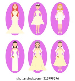 Icons brides in different styles of wedding dresses. Icons women wedding clothes into a flat style. Stock vector.