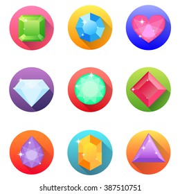 Icons bright colored gems in a flat style. Vector illustration.