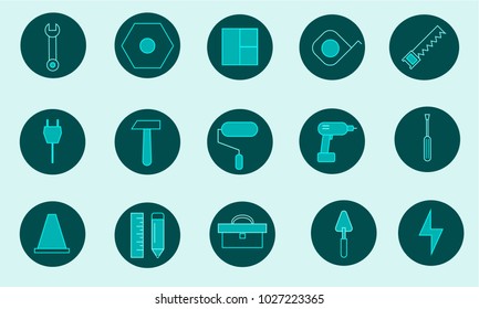 icons builder's tools set fix drill claw hammer turn-screw window repair socket gauging energy tape