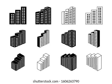 Icons building and company vector set, Perspective bank and office collection, Line modern construction and edifice illustration