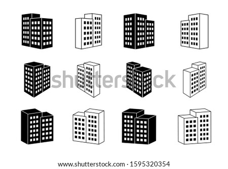 Icons building and company vector set, Perspective bank and office collection, Line modern construction and edifice illustration