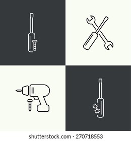 Icons of building and fixing tools. Tincture, repair, installation, support. 