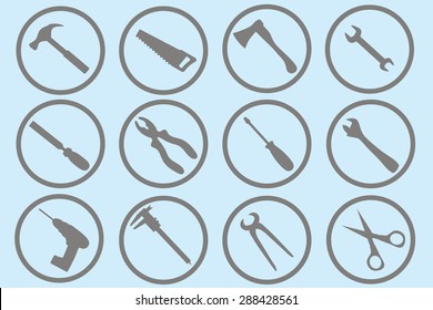 Icons of building tools.  Set of vector icons of building tools.  Icons hammer, scissors, wrenches, pliers, saws, axes, calipers, screwdriver, drill.
