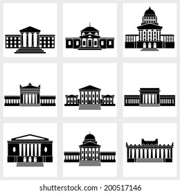 Icons of buildings with columns on a white background