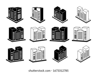 Icons buildings and vector company set, Black office collection on white background, Line edifice and residential illustration