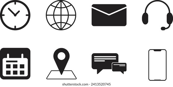 Icons for business, clock, planet, letter, calendar, headphones, location tag, message, phone.