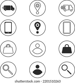 Icons For Business Pages,shops,enterprises.Includes Delivery Truck,geographic Location, Cell Phone,magnifying Glass For Search Browser,purchase Portfolio, Account Login, Negative And Positive.Shopping