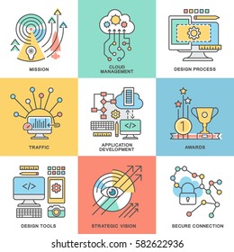 Iconos de un proceso empresarial. Diseño web, desarrollo de aplicaciones, seguridad, éxito, estrategia y misión de la empresa. Las líneas de contorno delgadas con rellenos de color.