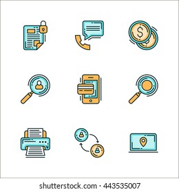 Icons with business related processes. Colored flat vector illustration. Icons isolated on white background. Keeping confidential info, communication, money, finance, recruiting, search, printing