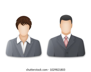 Icons of business woman and businessman on white background. Successful young man and woman in gray business suits and white shirts. Vector illustration