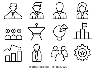 Iconos para temas de talleres de negocios, destacando conceptos como coaching, networking y lluvia de ideas. Ideal para su uso en Materiales promocionales, eventos de negocios y cursos en línea. Estilo de Vector simple