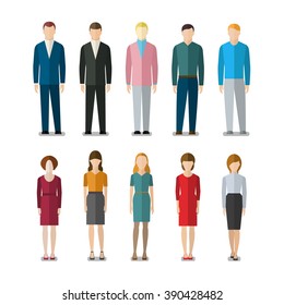 Icons of businessmen and businesswomen in flat style. People in various outfits. 