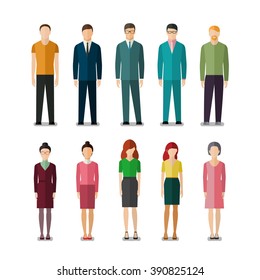 Icons of businessmen and businesswomen in flat style. People in various outfits. 