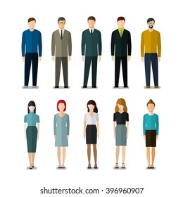 Icons of businessmen and businesswomen in flat style. People in various outfits. 