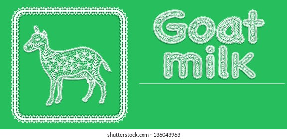 Icons, buttons. Goat. Goat's milk. Letters of lace. Lace print. White lace on a blue background. Vector format.