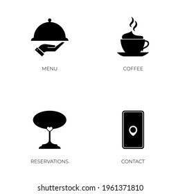 icons for cafe site, black silhouette for cafe sign. Vector isolated illustrations