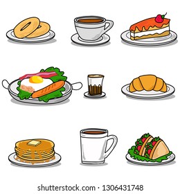 Icons for cafes and breakfasts in cartoon style. Vector illustration design.