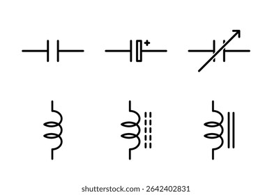 Icons of capacitors and inductors for electronic circuit diagrams and engineering designs.