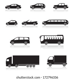 icons car: cabriolet, bus, minivan, limousine with reflection, on white background