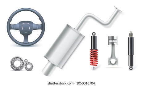 Icons of Car parts for auto services. Various car accessories isolated on white. Bearings kit, shock absorber, piston, shock absorber, spring, automotive silencer, steering wheel 3D illustration