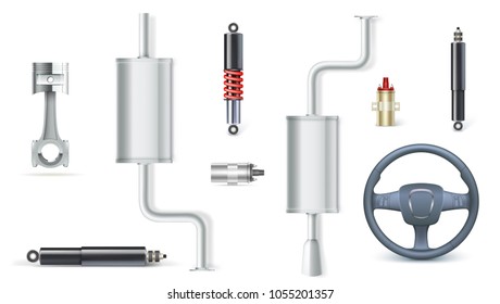 Icons of Car parts for garage, auto services. Set of car shock absorbers, piston for motors, kit of attenuators and electric reels, wheel of the car isolated on white background. 3D illustration