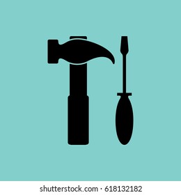 Icons car service. Hammer and screwdriver. Black pattern on a green background.