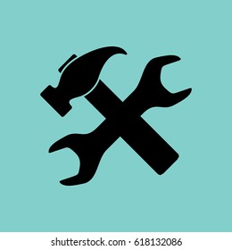 Icons car service. Hammer and wrench are crossed. Black pattern on a green background.