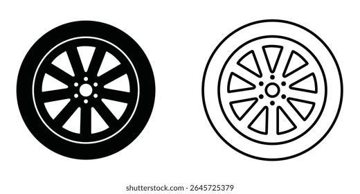 Ícones de projetos de rodas de carro em preto sólido e contorno, mostrando elementos de transporte