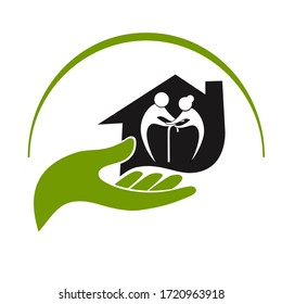 Icons Of Care And Support For For Elderly People Nursing Home. Love Symbol Of Cheerful Elderly Couple Home Care Logo, Nursing Old Pension People.