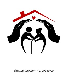 Icons of care and support for for elderly people nursing home. Love symbol of cheerful elderly couple home care logo, nursing old pension people.