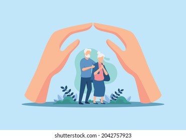 Icons of care and support for elderly people, Medical and health insurance concept for well being of elderly, vector illustration