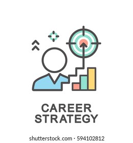 Icons of career ladder progress and corporate advancement process. Career strategy. The thin contour lines with color fills.