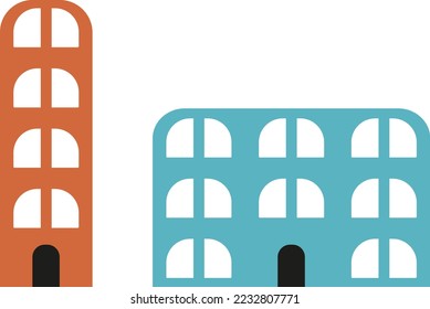 Icons cartoon city apartment buildings. Stylized high-rise buildings with rounded windows to create urban landscapes in children's kids. Colored flat vector kids clip art of town environment elements.