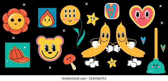 Icons in cartoon style. Modern animation design. Vector stock illustration. Comic. Black background. Characters. Flowers, stars. plunger.