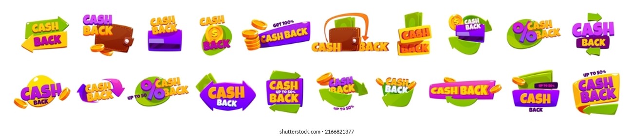 Icons of cash back offers. Concept of refund money after buy. Vector cartoon set of stickers, promotion banners of cashback with gold coins, arrows, wallet and credit card