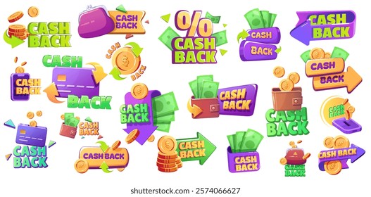 Icons of cash back offers. Concept of refund money after buy set icon