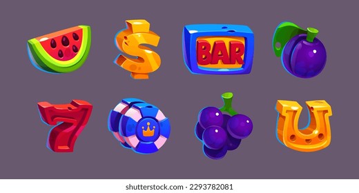 Icons for casino game, gambling slot machine with symbols of money, bar, fruits, seven and horseshoe. Golden dollar sign, number 7, casino chips with crown, vector cartoon set