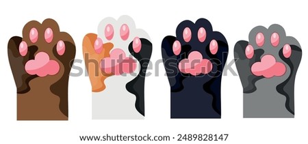 icons with cat paws, namely with the paws of a gray, black, spotted and brown cat, for cat day, for various designs, posters or banners