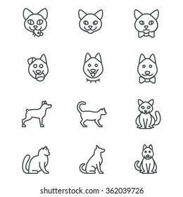Icons of cats and dogs in different positions as line icons / Ages and different positions of cats and dogs
