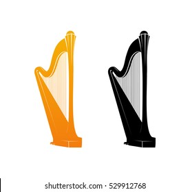 Icons of Celtic Harp in Golden and Black colors - Orchestra Strings Music Instrument in Vertical pose. Vector Illustration isolated on white background.