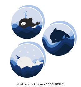 Icons with cetaceans. Whale, narwhal, dolphin in blue tones.