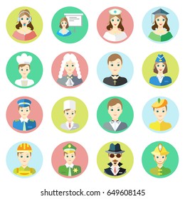 Icons characters of different professions telephone operator, businessman, nurse, scientist, cook, judge, priest, stewardess, pilot, artist, artist, builder, sheriff, spy, fireman. Stickers. Stikers