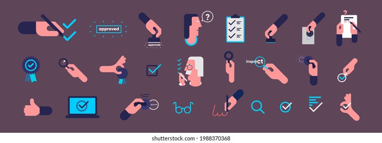 Icons. Check, Testing, Examination. Simple vector flat illustration. Background for social media, poster, banner.