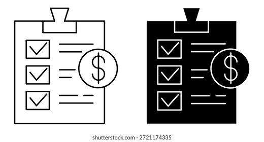 icons of a checklist with checkboxes and lines, one outlined and one solid black, with a dollar sign in a circle next to it.