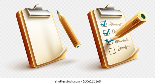 Icons Of Checklist Things To Do On Clipboard With Paper Sheet And Pencil Drawing Ticks Checking Selection Marks. Eps10 Vector Illustration.