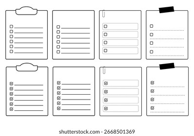 Ícones para listas de verificação, listas de tarefas pendentes, listas de tarefas e listas de tarefas concluídas. Marcas de verificação e ilustrações na área de transferência.