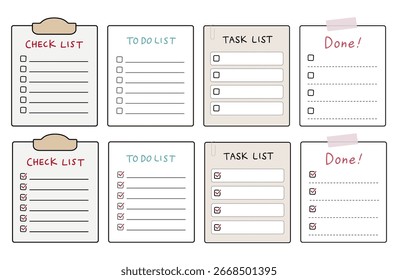 Icons for checklists, to-do lists, task lists, and done lists. Check marks and clipboard illustrations.